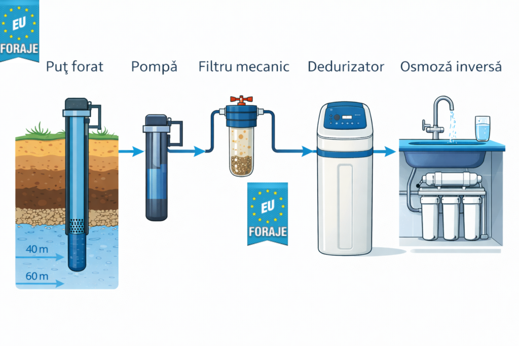 traseu al apei desenat de la puț pompă filtru mecanic dedurizator osmoză inversă la chiuvetă